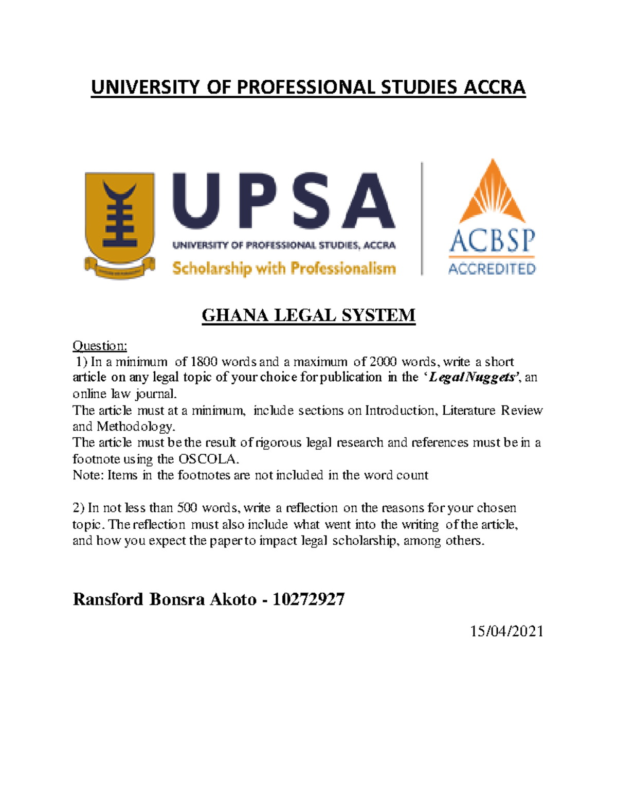 GLS - Term Paper - Legal Writing - UNIVERSITY OF PROFESSIONAL STUDIES ...