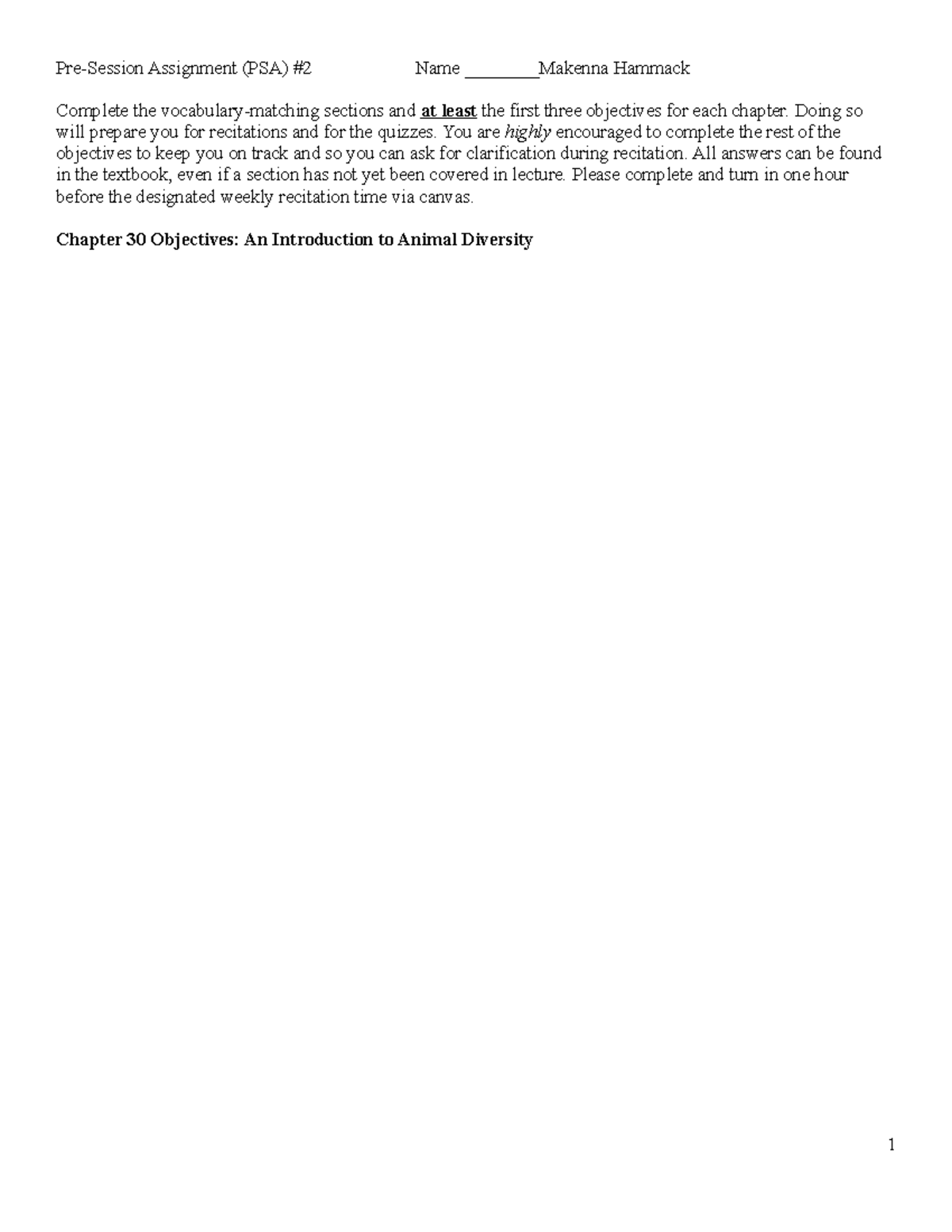 PSA 2 - Dr. Yost Concepts of Biology II Recitation PSA 1 - Pre-Session ...