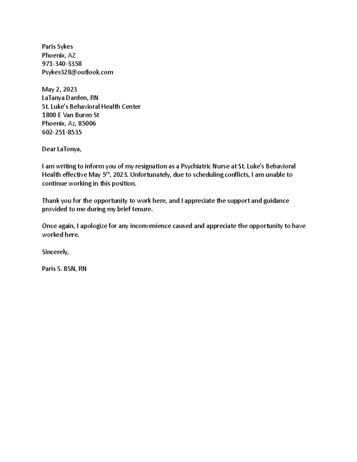 St Luke's Behavioral Health Resignation Letter - Paris Sykes Phoenix ...