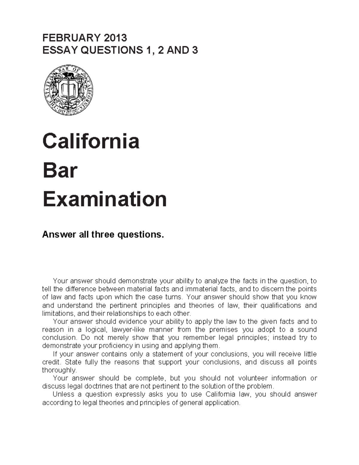 california bar examination essay questions and selected answers