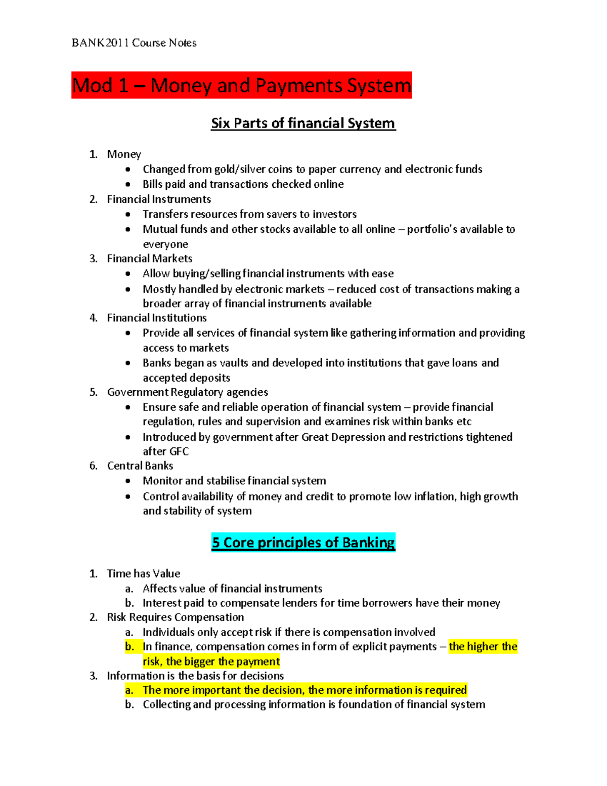 Bank 2011 Notes - Mod 1 – Money and Payments System Six Parts of ...