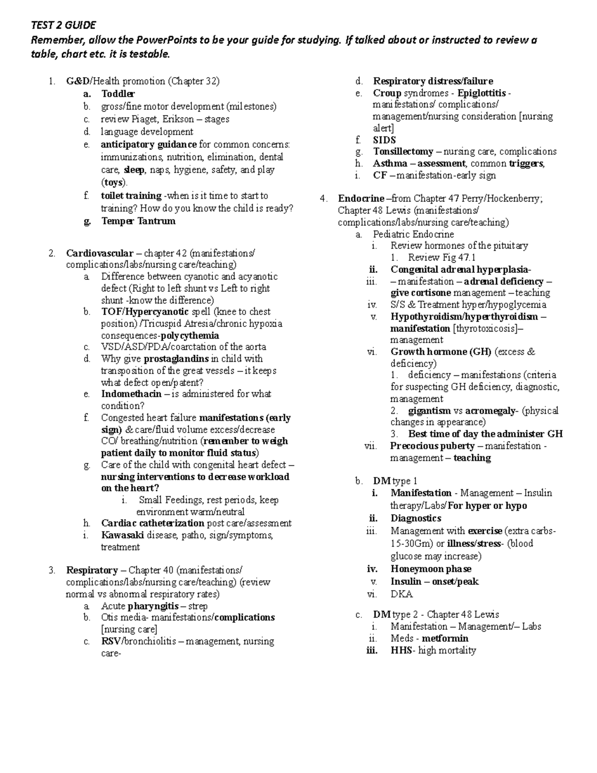 NUR379 Test #2 Study Guide - TEST 2 GUIDE Remember, Allow The ...