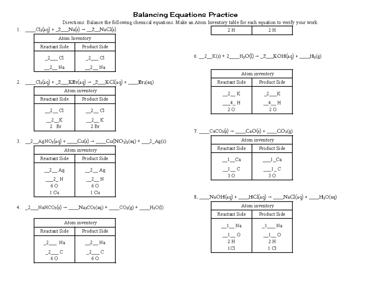 Balancing Equations Lab - Balancing Equations Practice Directions ...