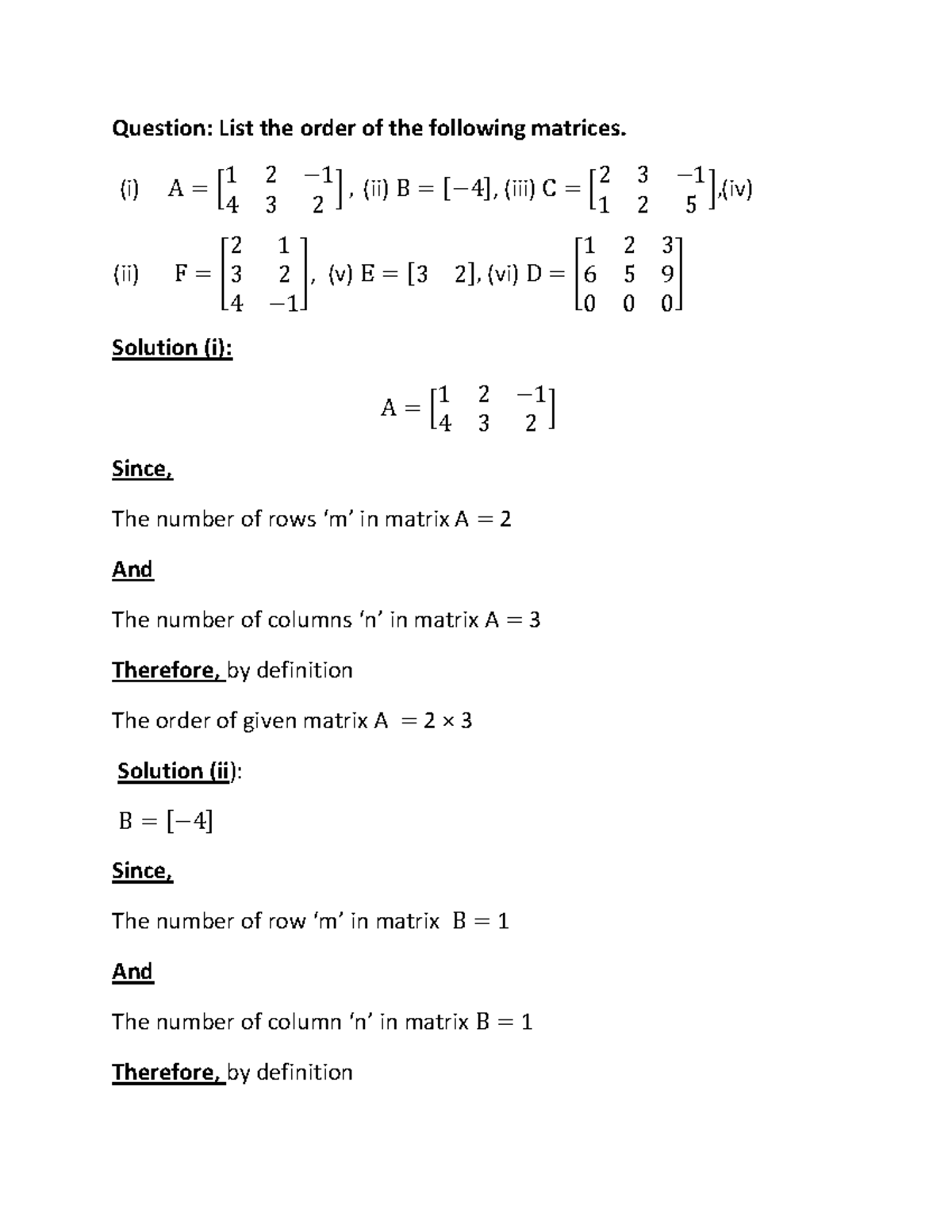 Identifying order of matrices Question List the order of the