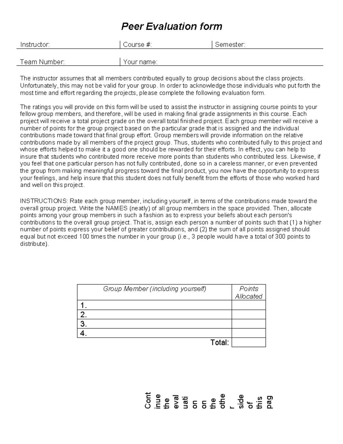 Peer evaluation form 01 - Peer Evaluation form Team Number: Your name ...