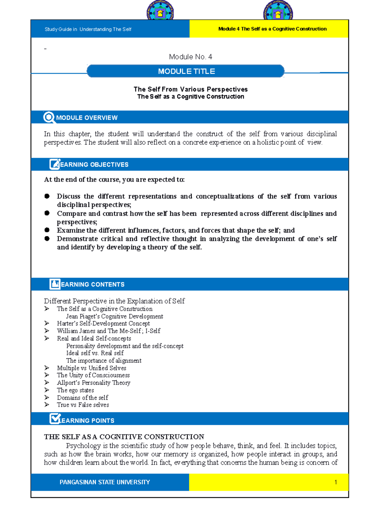 Module 4 - The Self From Various Perspectives The Self as a Cognitive ...