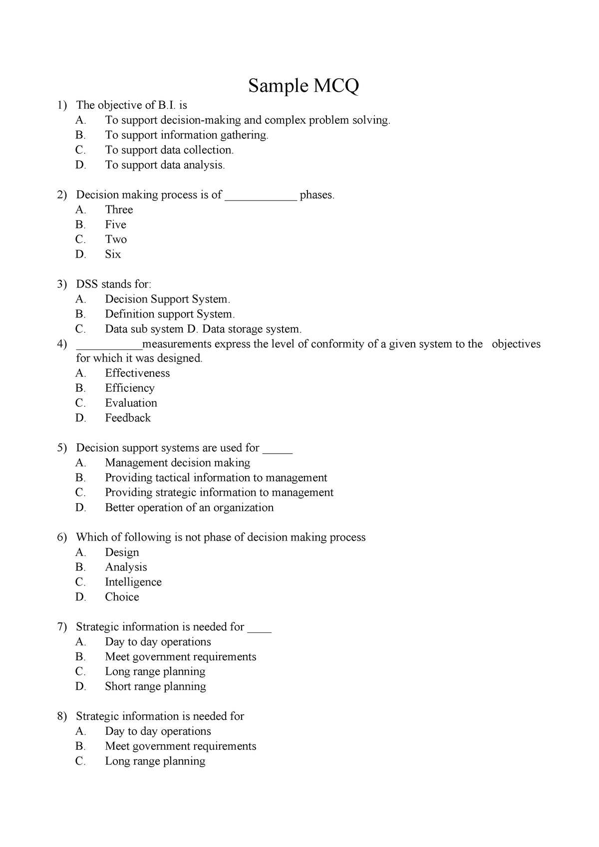 BI MCQs Repository - Sample MCQ The Objective Of B. Is A. To Support ...