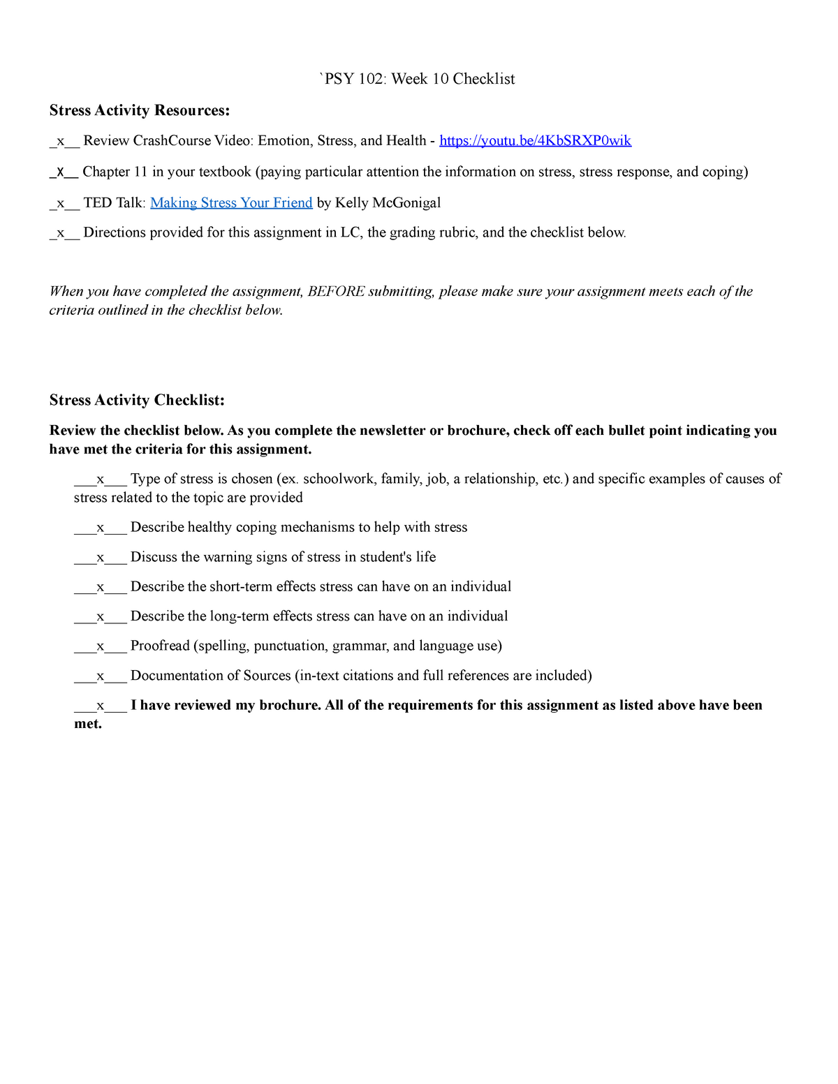 Stress Activity Checklist - `PSY 102: Week 10 Checklist Stress Activity ...