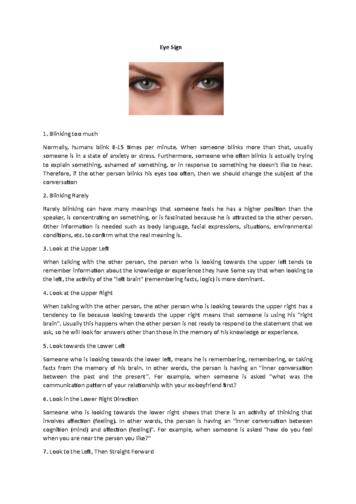 Eye sign This material explain about the meaning of eye sign Eye