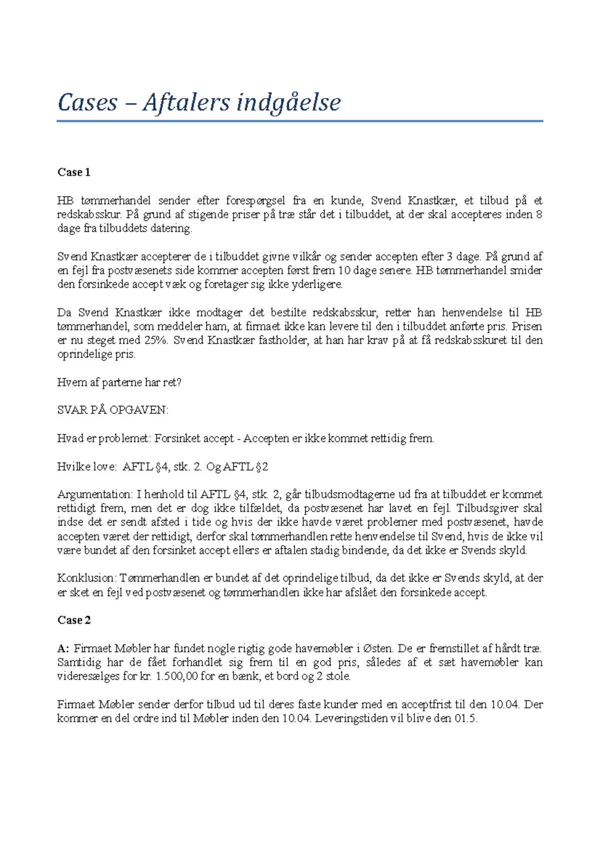 Aftaler-opgaver - Cases – Aftalers indgåelse Case 1 HB tømmerhandel ...