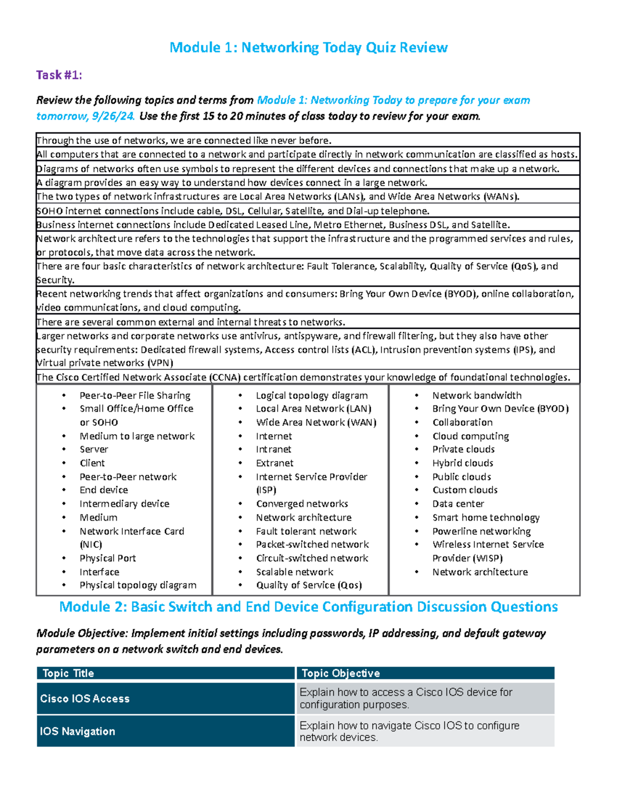 Module 1 Review Module 2 Discussion Questions Module 1 Networking