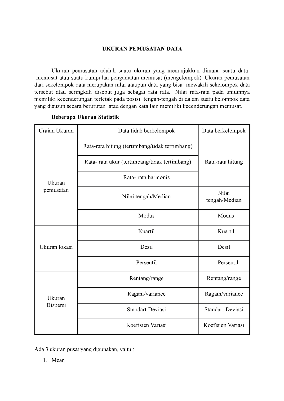 Dasar Statistika Dan Probabilita - UKURAN PEMUSATAN DATA Ukuran ...