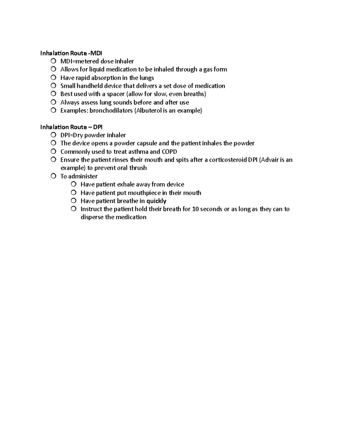 Inhalation medications - Inhalation Route -MDI MDI=metered dose inhaler ...