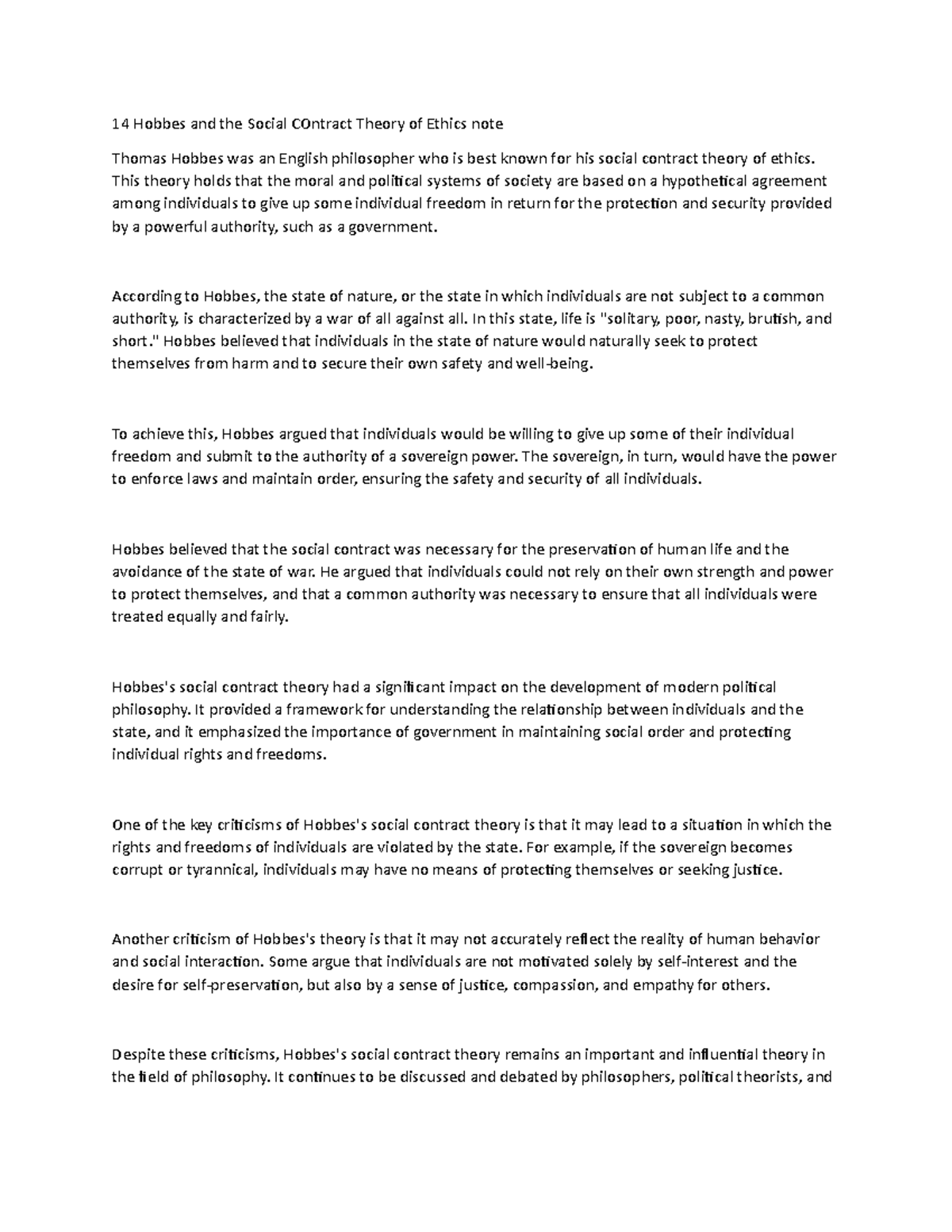 14 Hobbes and the Social Contract Theory of Ethics note - This theory ...