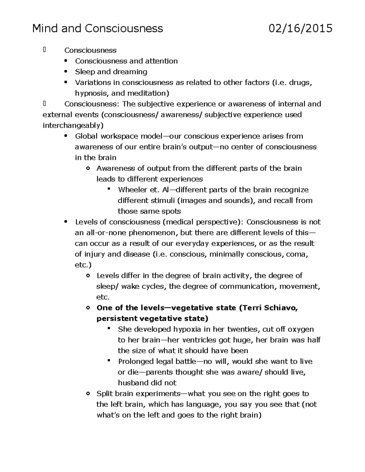 Unit 2 Notes - Mind and Consciousness 02/16/ Consciousness ...