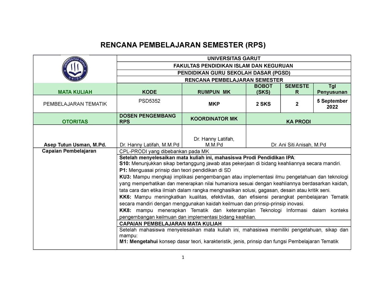 RPS 1 Pembelajaran Tematik - RENCANA PEMBELAJARAN SEMESTER (RPS ...