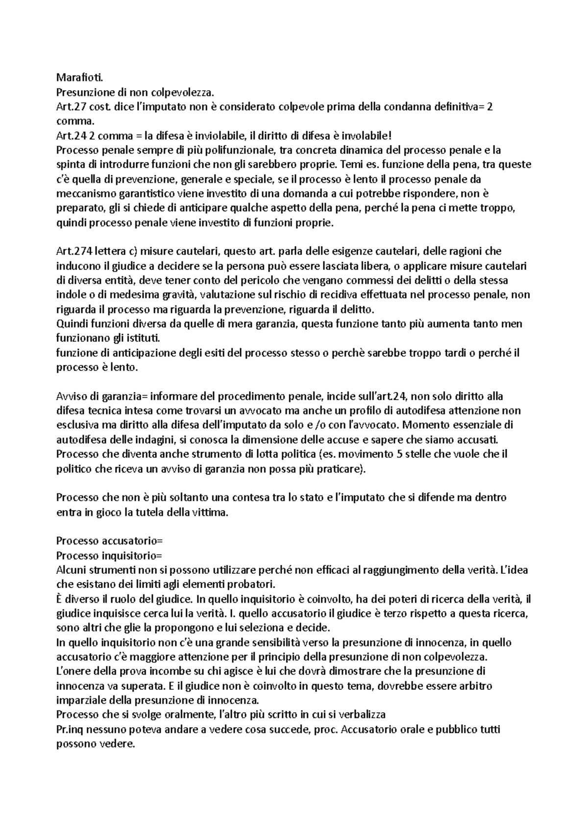 Procedura Penale - Appunti Di Lezione - Marafioti. Presunzione Di Non ...