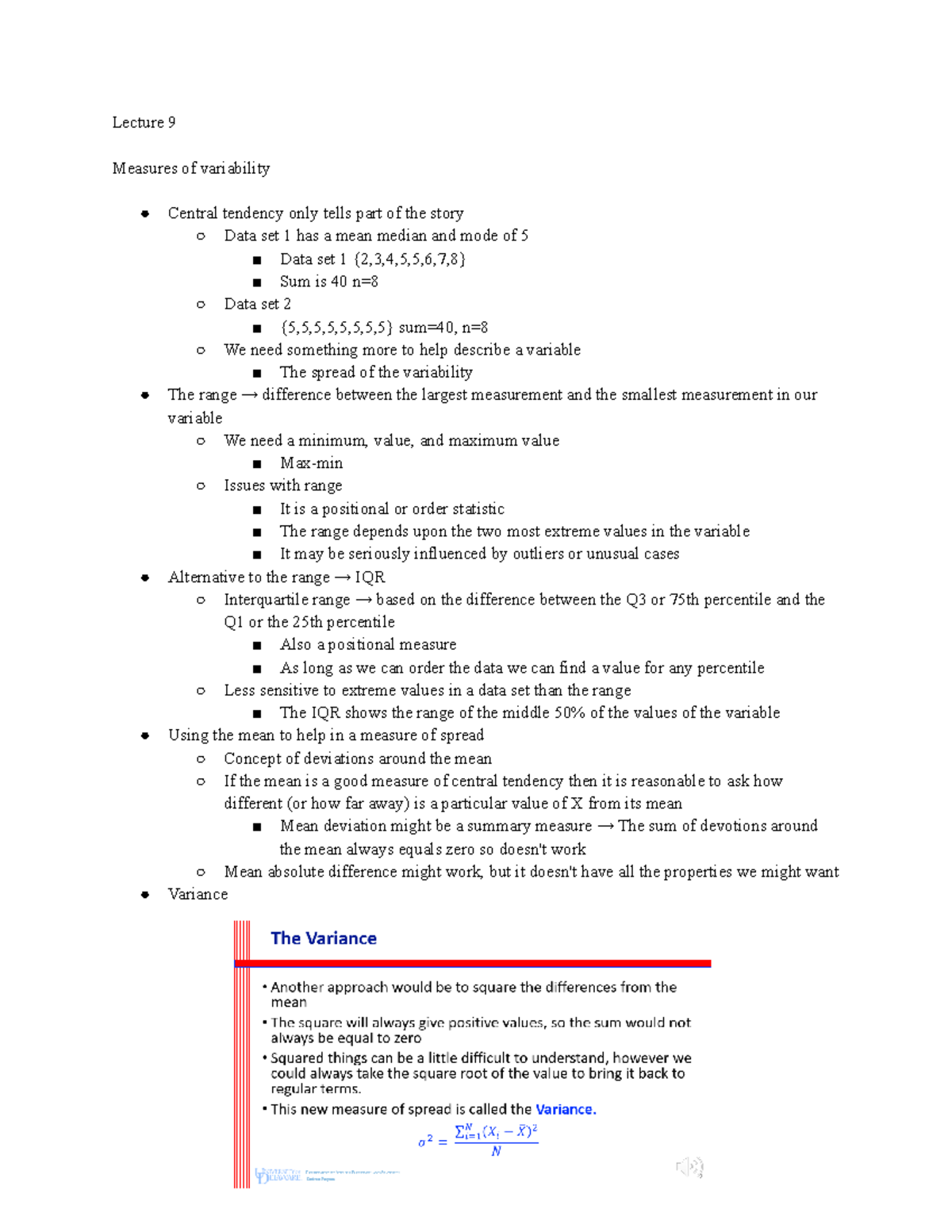 Module 4 - Notes for Stats - Lecture 9 Measures of variability Central ...