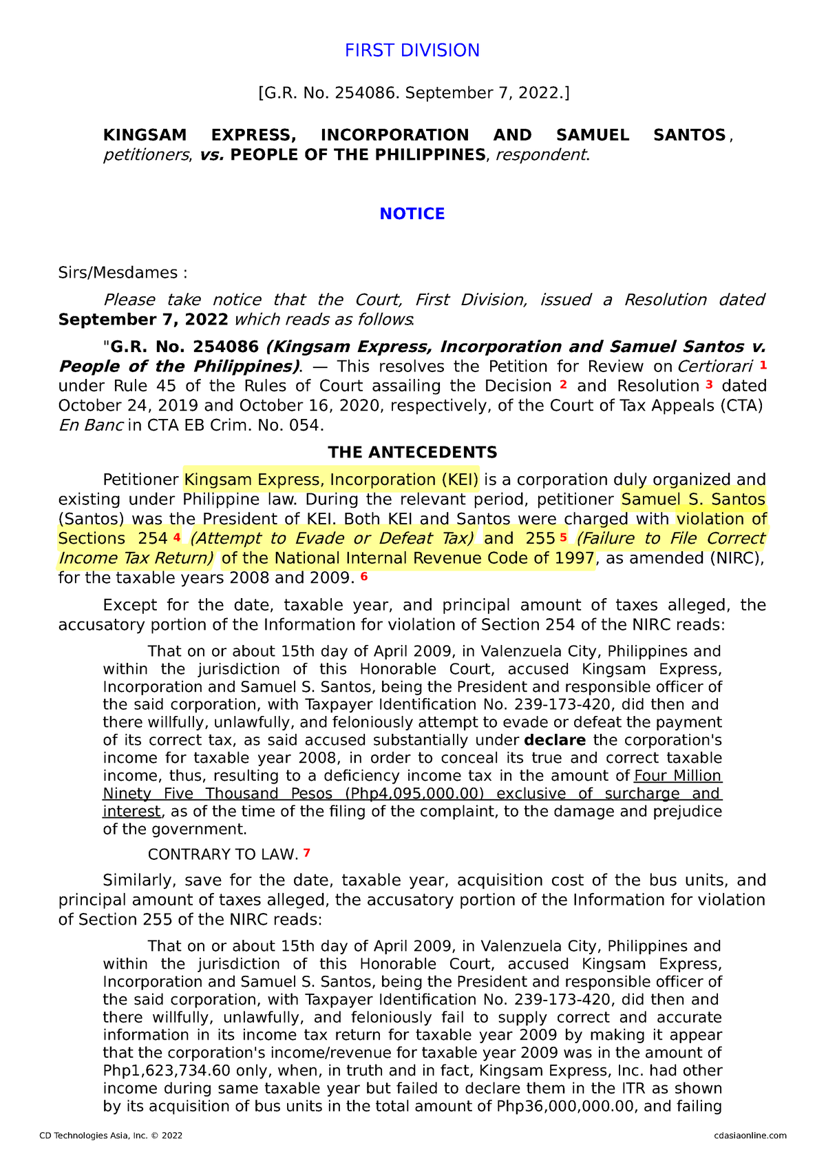 2. G.R. No. 254086 (Notice) - Kingsam Express, Inc. V. People - FIRST ...