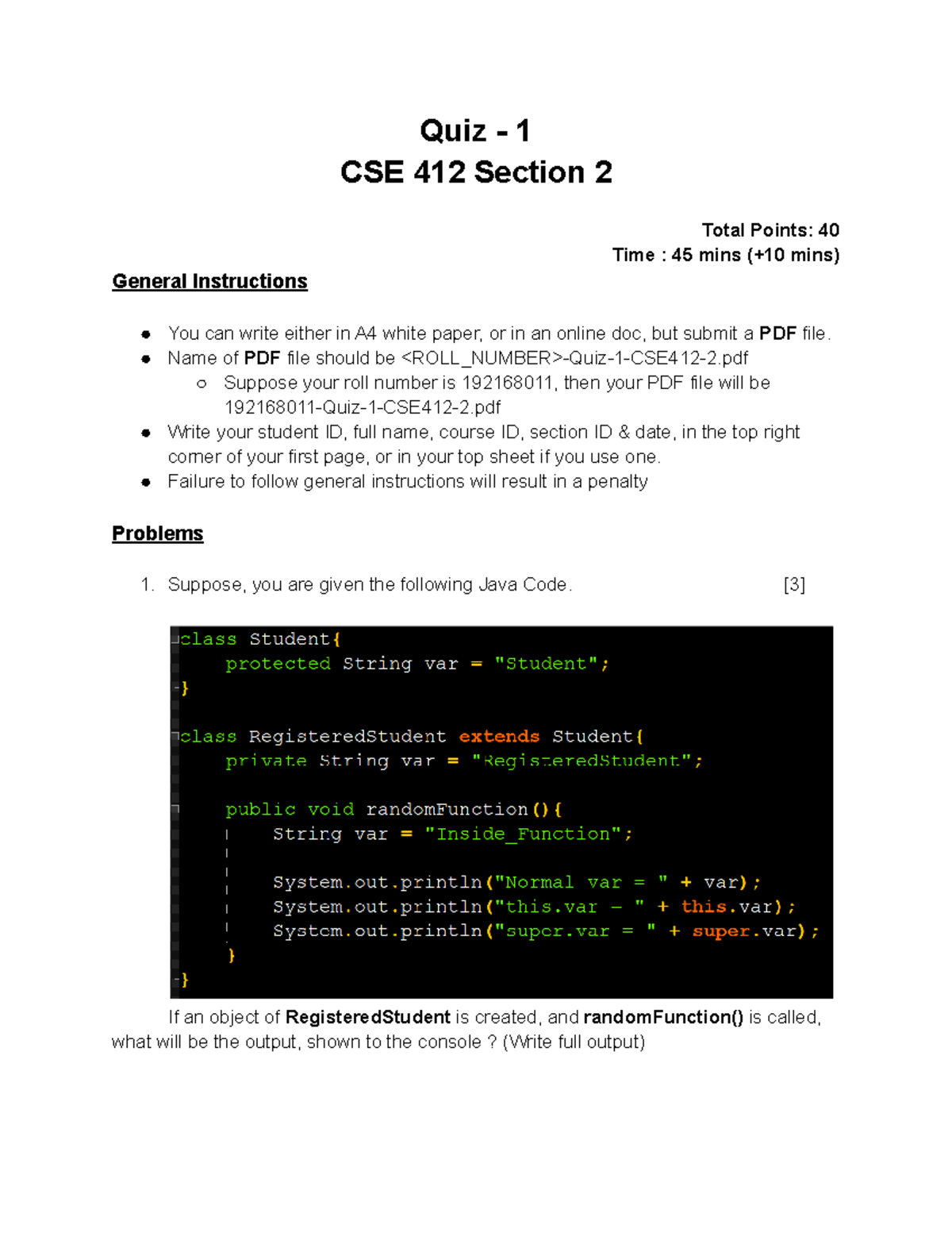 CSE412Section 2CT1 Quiz 1 CSE 412 Section 2 Total Points