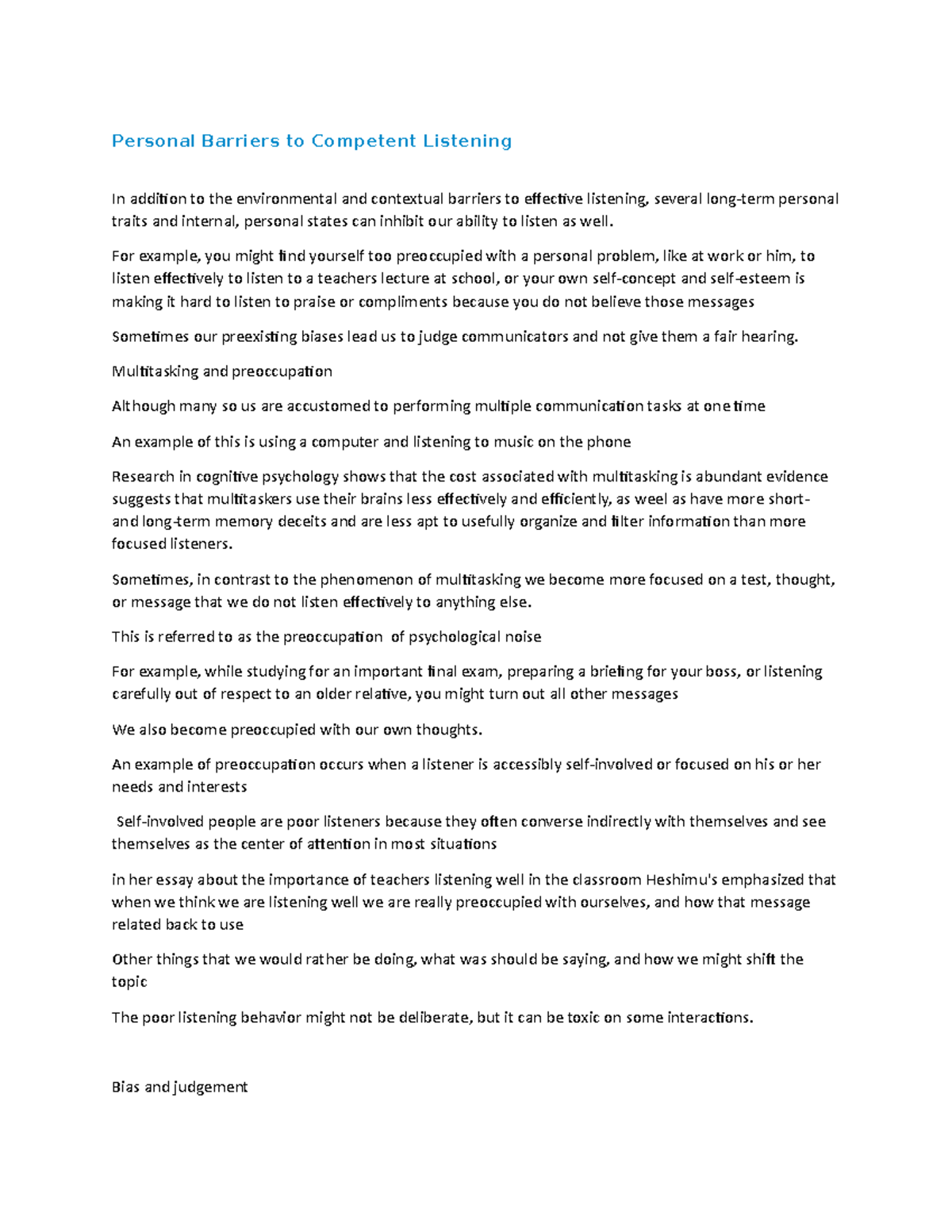 Personal Barriers to Competent Listening For example, you might find