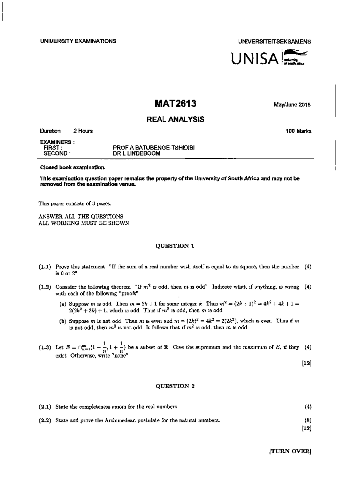 MAT2613 (Real Analysis) SEMESTER 1 Exam 2015 - UNIVERSITY EXAMINATIONS ...