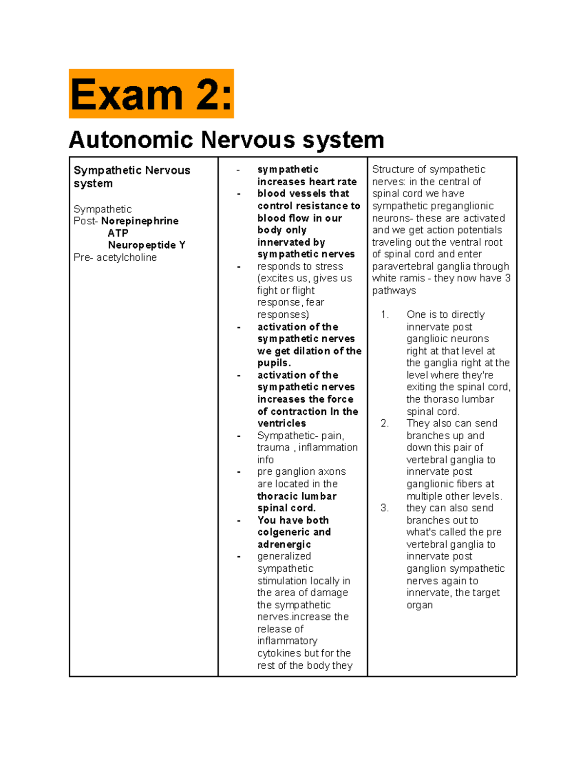 Phys Final Cumm. Review - Exam 2: Autonomic Nervous system Sympathetic ...
