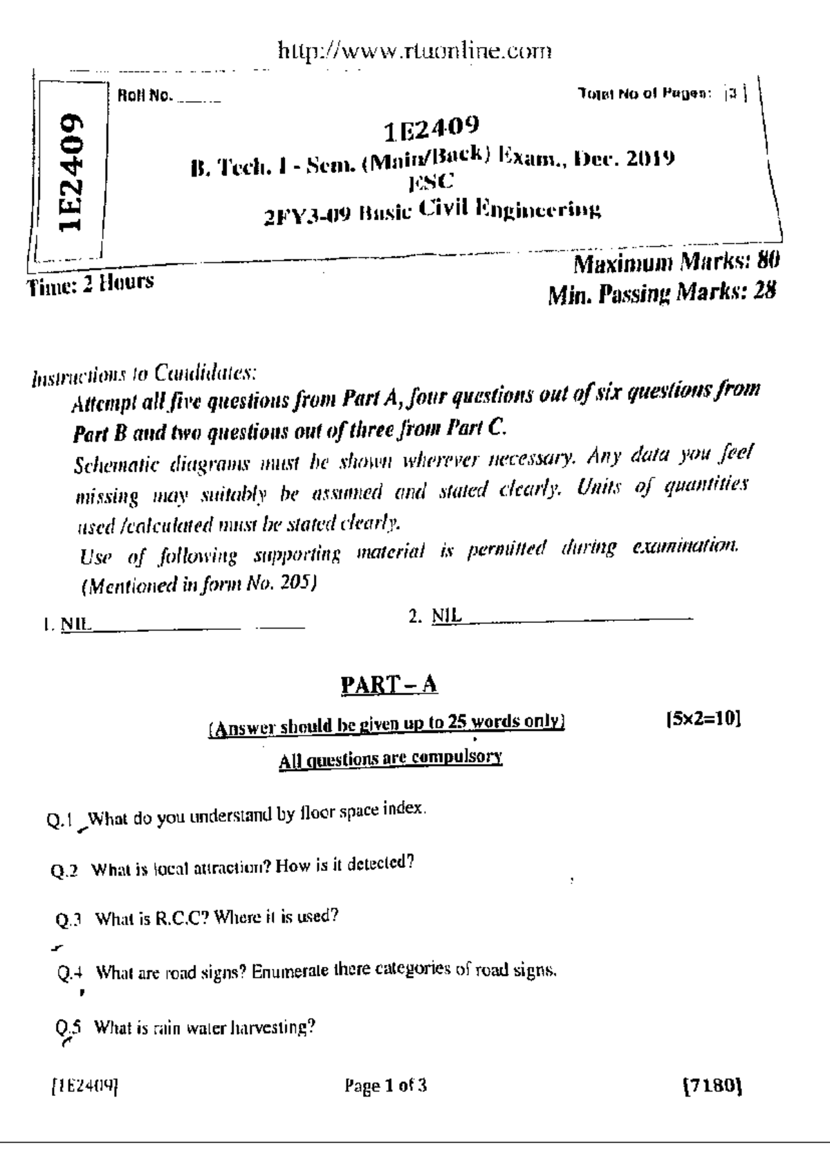 Btech 1 sem basic civil engineering 1e2409 dec 2019 - Roll No. Total No ...