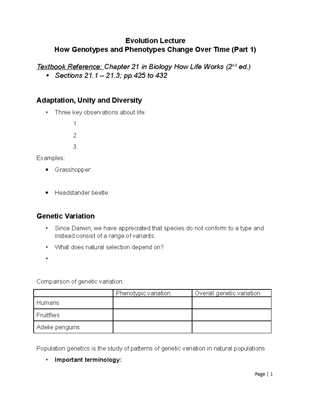 CH 21 Pt 1 Evolution WF Notes - Evolution Lecture How Genotypes and ...