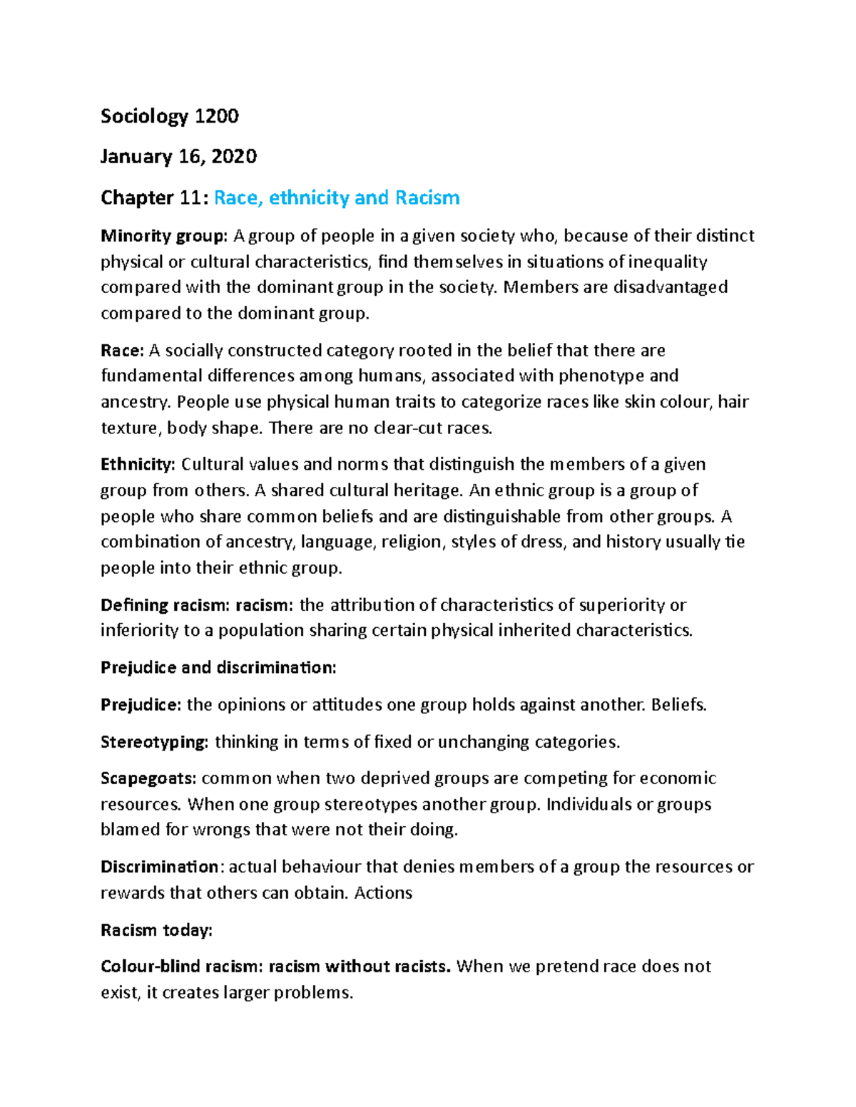 Sociology Chapter 11 - NOTES - Sociology 1200 January 16, 2020 Chapter ...