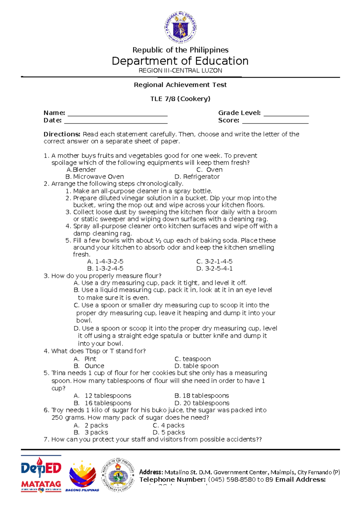 RAT AT TLE Cookery 7 8 - Read and answer questions - Address: Matalino ...