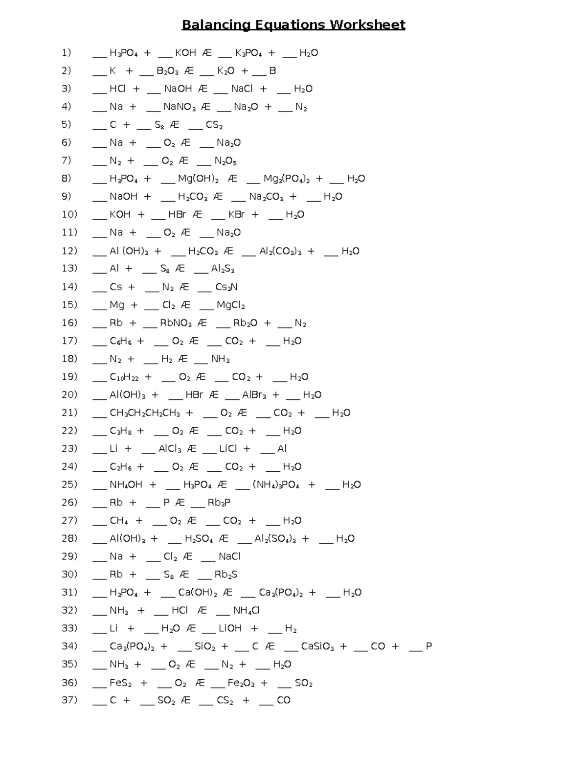 Balancing-Equations - Balancing Equations Worksheet 1) ___ H 3 PO 4 ...