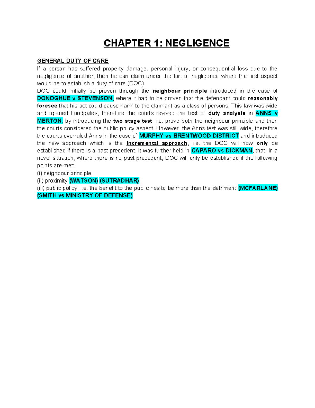 TORT LAW - notes - CHAPTER 1: NEGLIGENCE GENERAL DUTY OF CARE If a ...