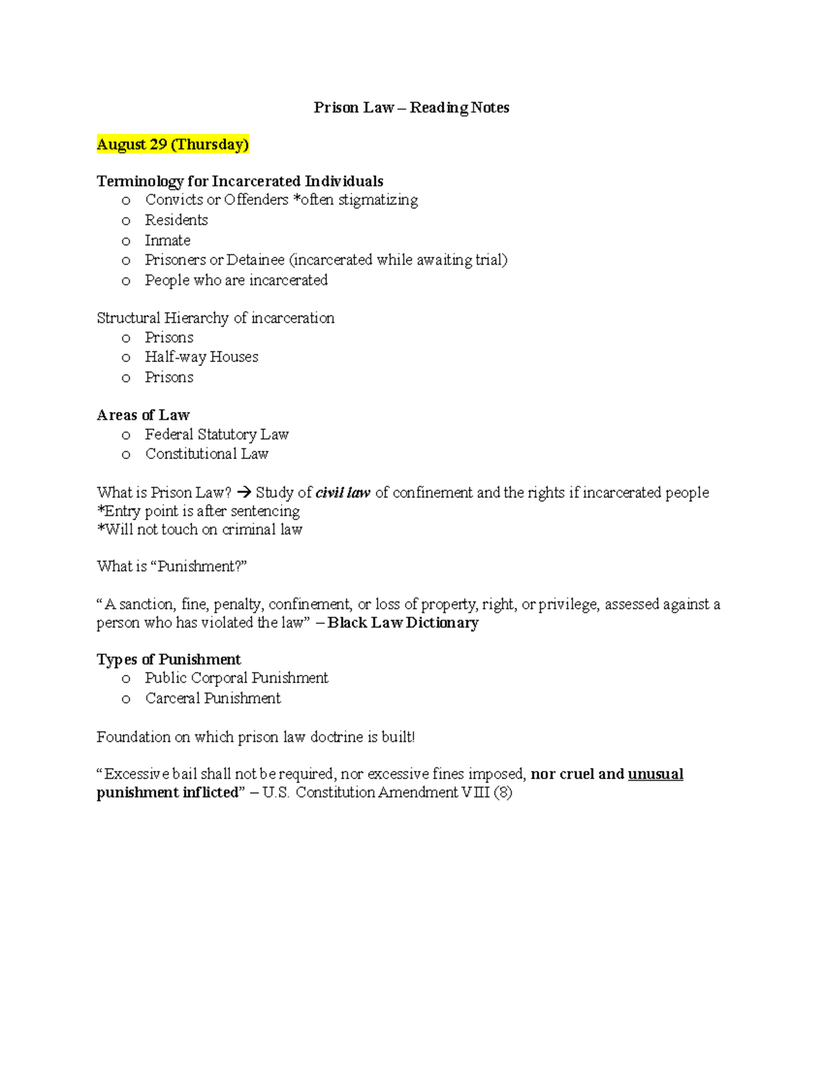 Prison Law - Reading Notes - Prison Law – Reading Notes August 29 ...