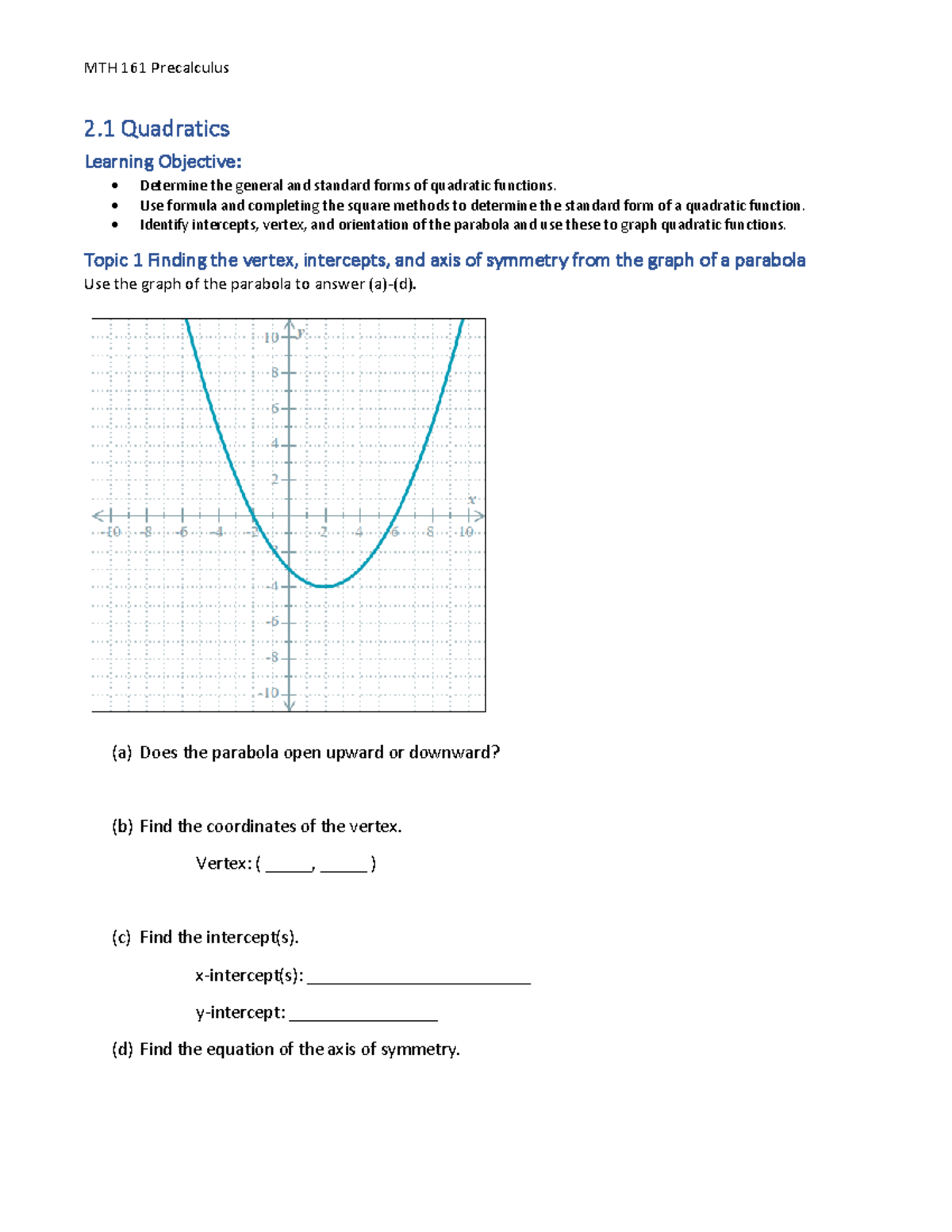 MTH 161 Week 4 Notes - MTH 161 Precalculus 2 Quadratics Learning ...