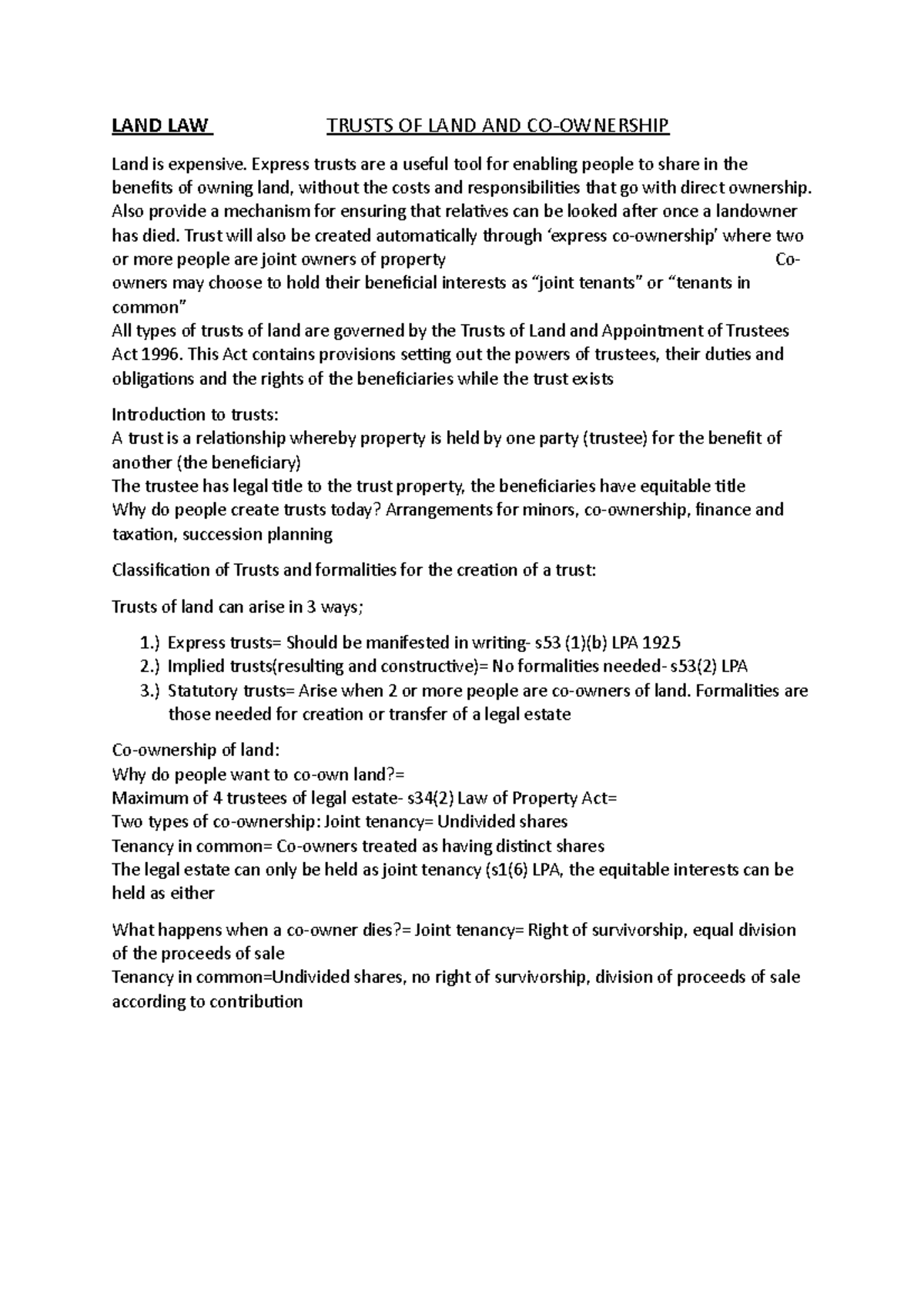 Trusts of land and co-ownership - LAND LAW TRUSTS OF LAND AND CO ...