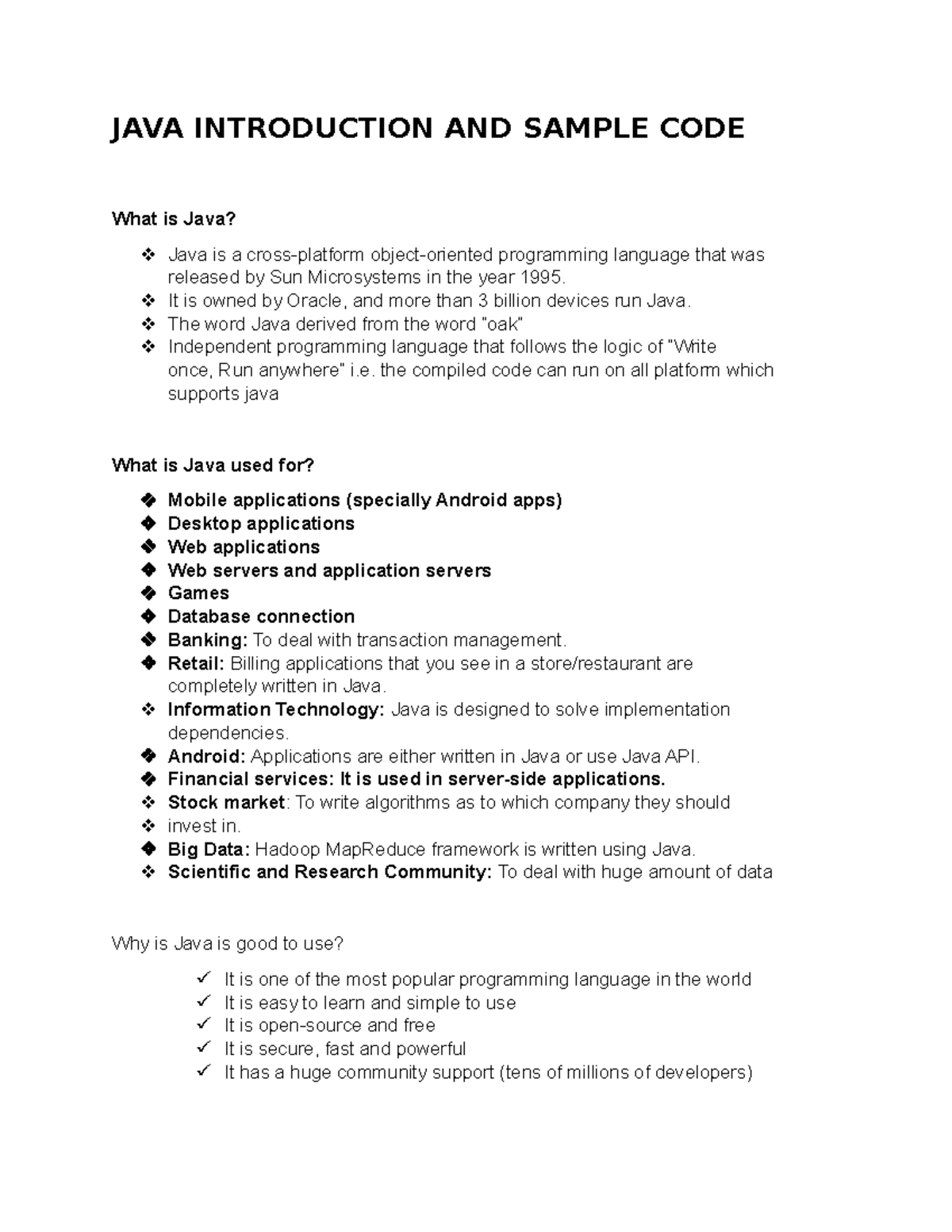 Java Introduction and Sample Code - Bachelor of Science and Information ...