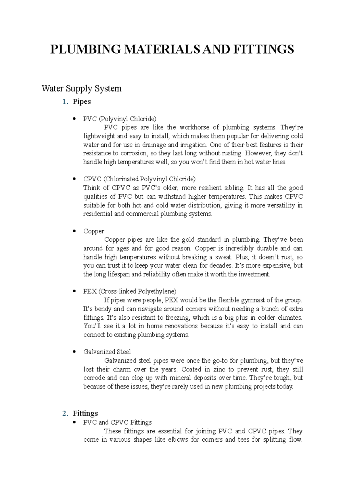 Plumbing Materials AND Fittings PLUMBING MATERIALS AND FITTINGS Water