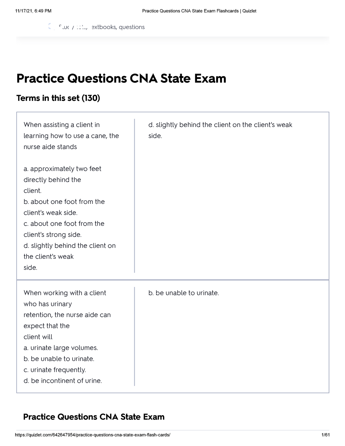Practice Questions CNA State Exam Flashcards Quizlet Upgrade Practice