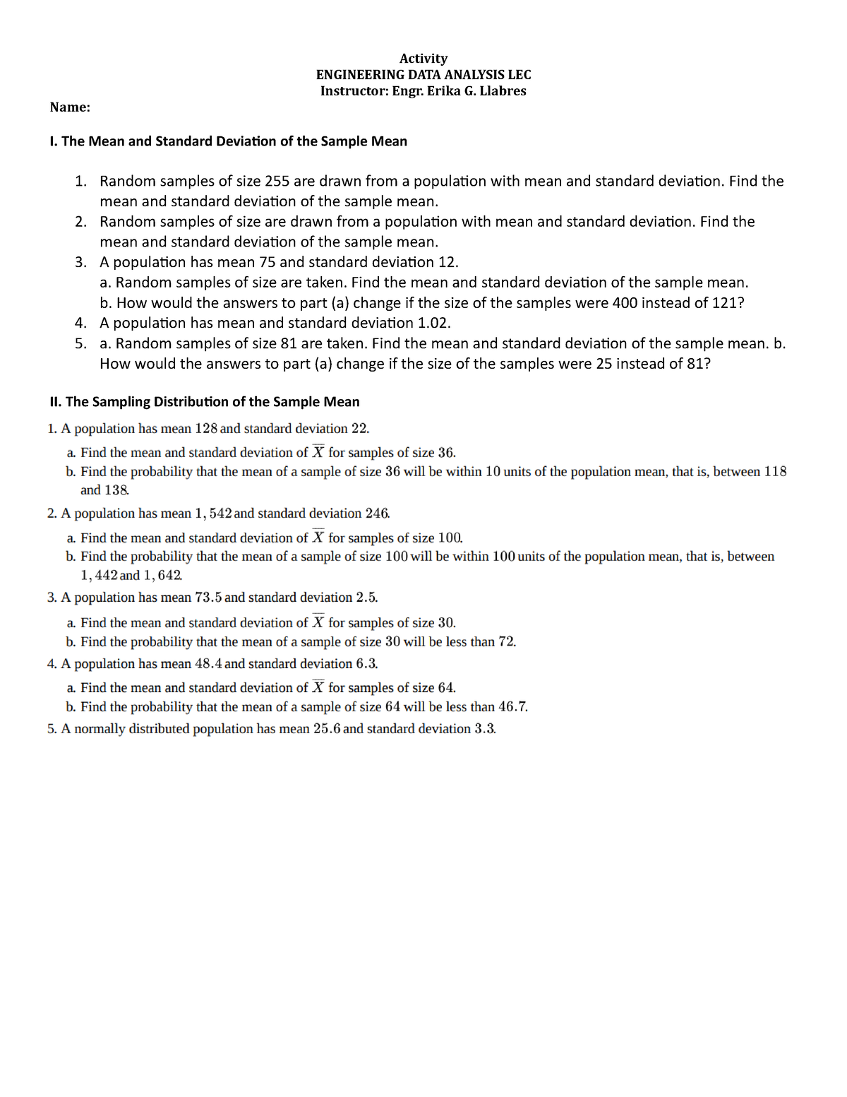 Sample-distribution - Sample Distribution - Activity Engineering Data 