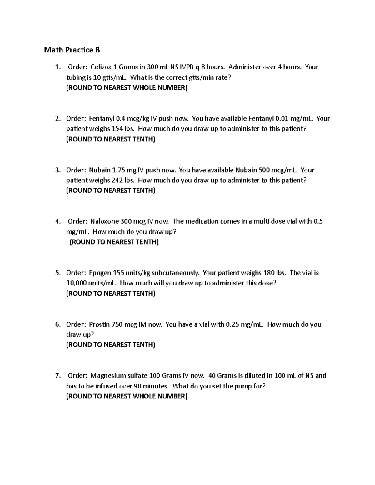 Math practice B - dosage calculation quiz - Math Practice B Order ...