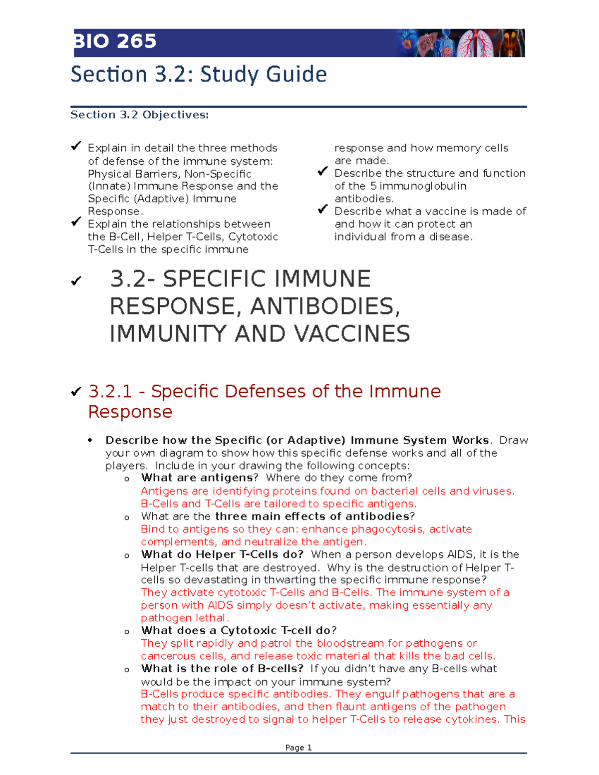 Specific Immune responses - Section 3: Study Guide Section 3 Objectives ...