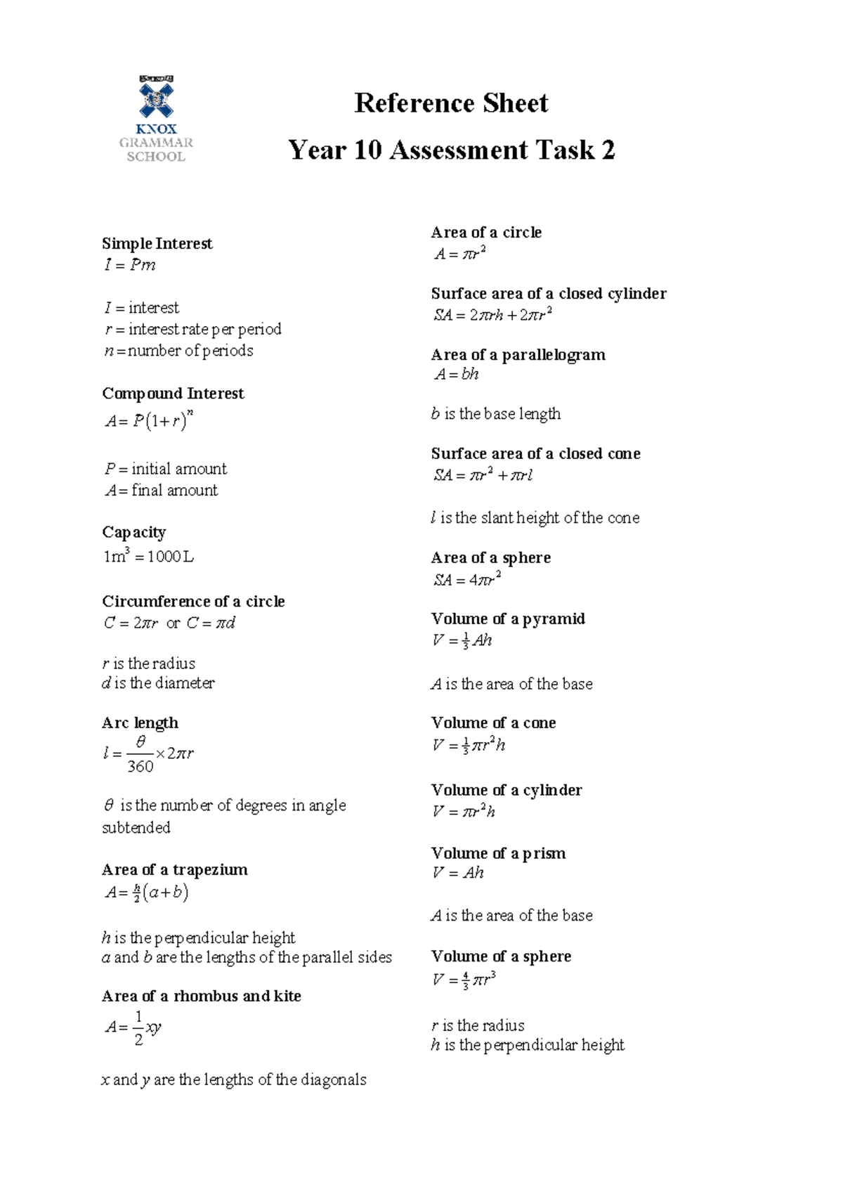 2023 Formula Sheet Y10 AT2 - Simple Interest I =Prn I = interest r ...