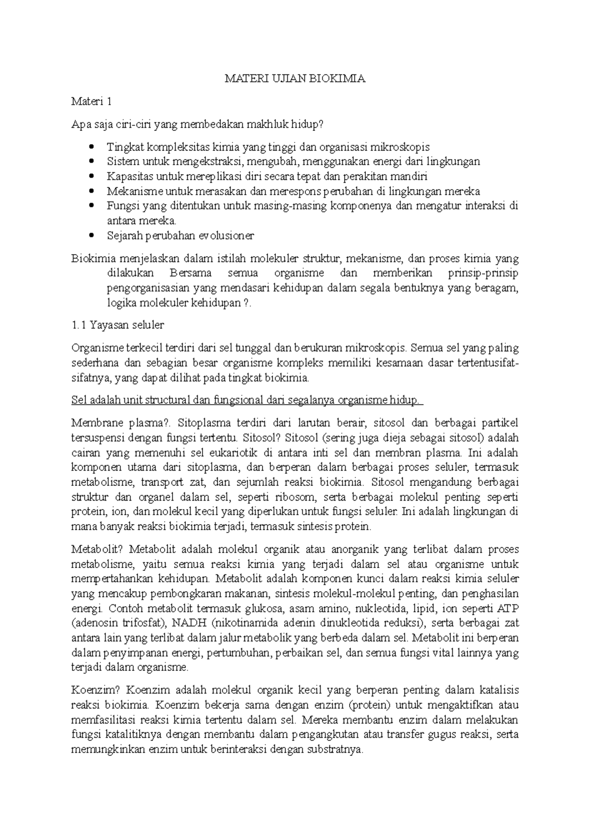 Materi Ujian Biokimia penjelasan dari dosen MATERI UJIAN BIOKIMIA