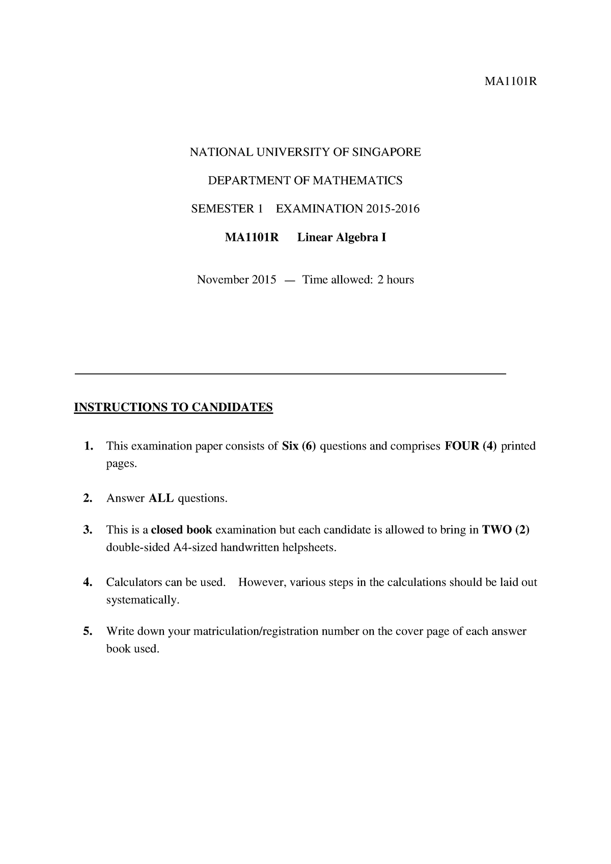 Past Papers - Past Paper - MA1101R NATIONAL UNIVERSITY OF SINGAPORE ...