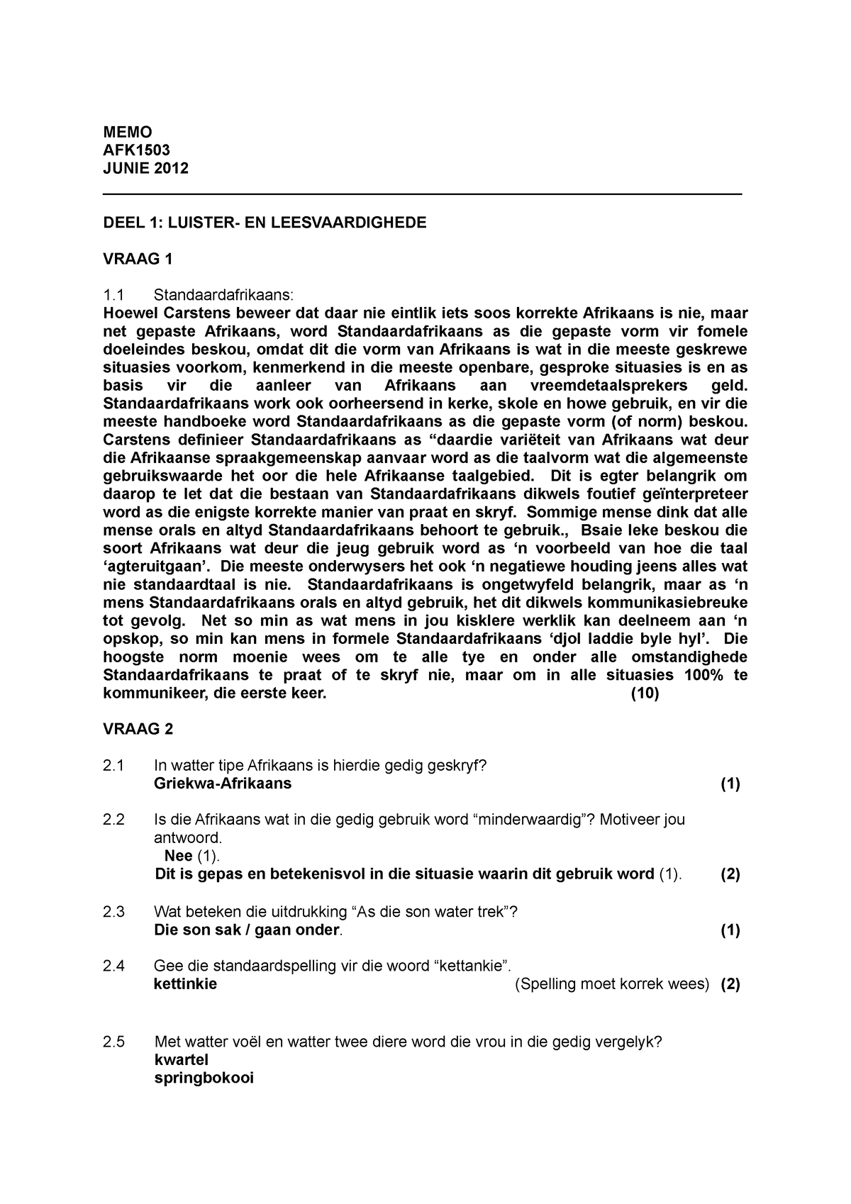 AFK1503-MEMO JUN 2012 - AFK1503 MEMO - AFK1503 - Unisa - Studocu