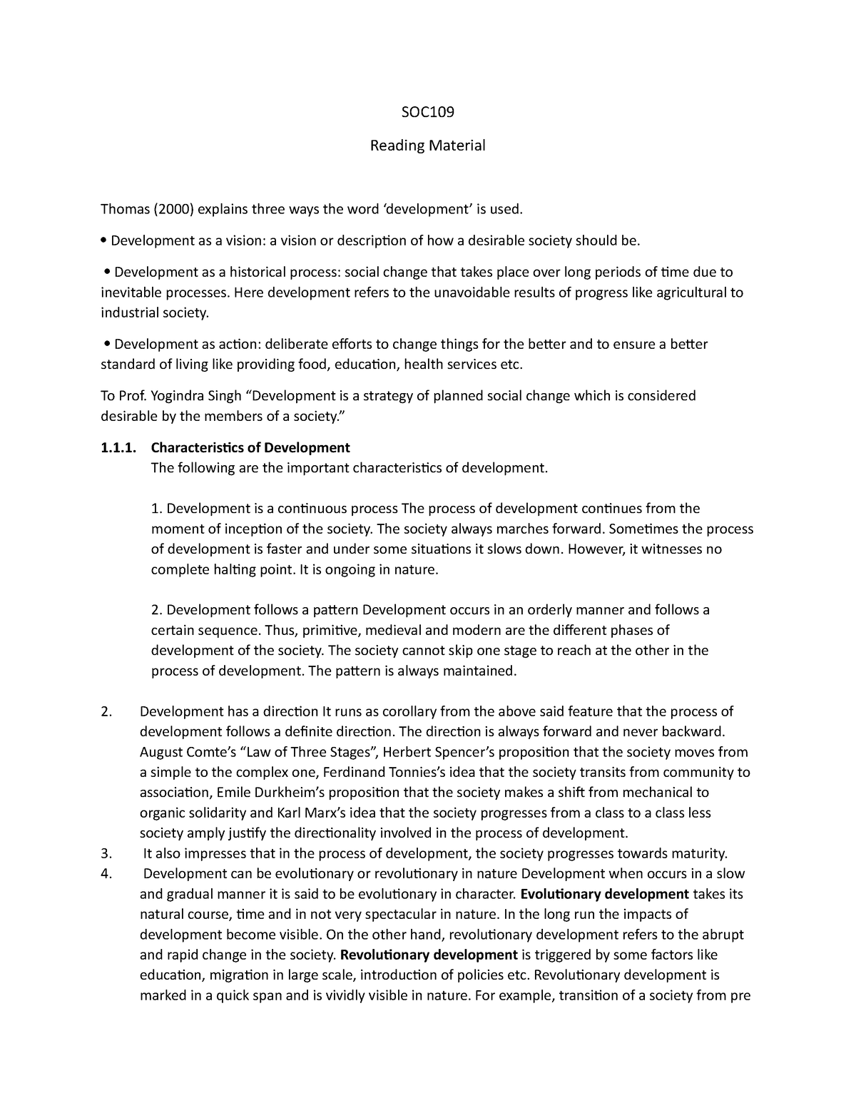 SOC109 Handout on Characteristics of Devt Dimensions Perspectives etc ...