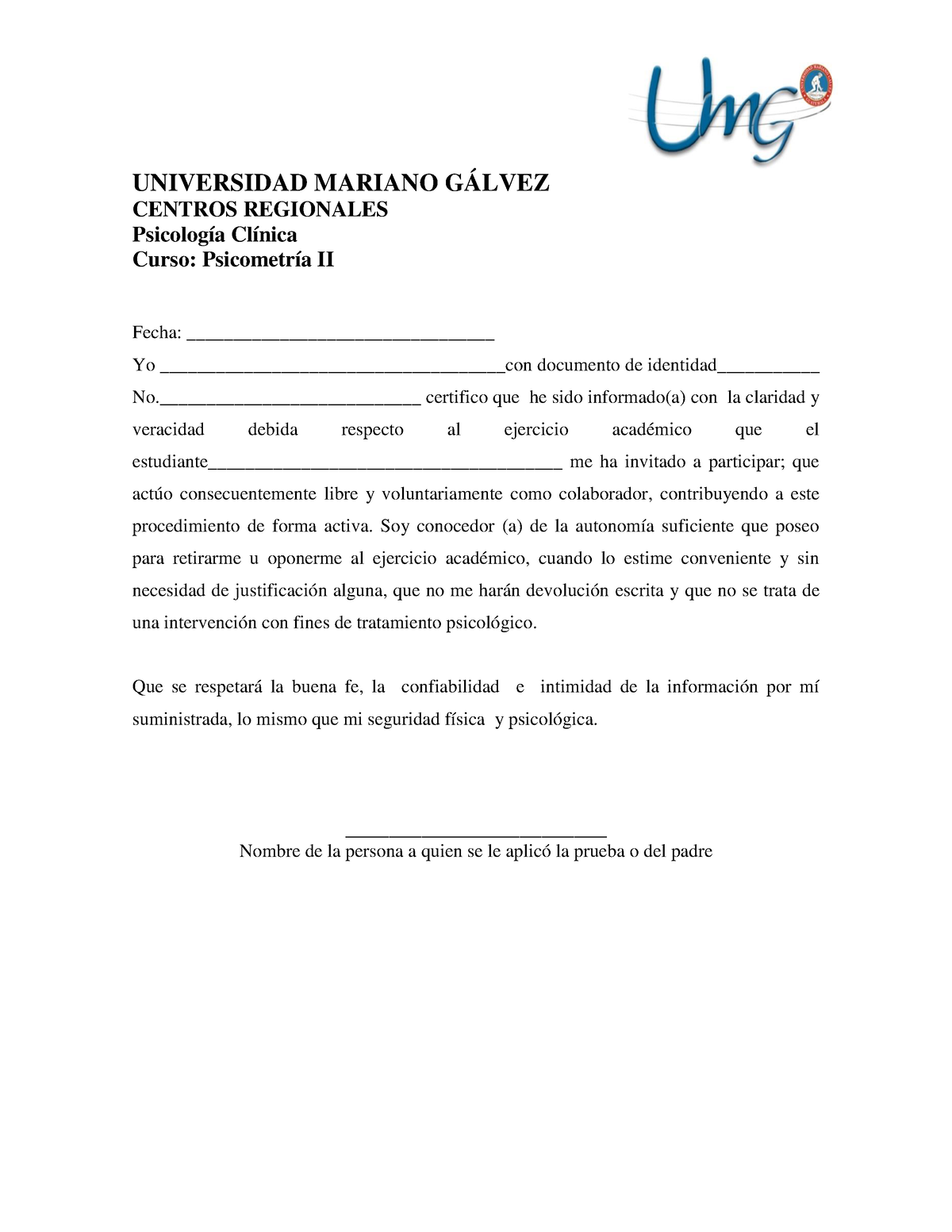 Consentimiento Informado Hoja Para Llenar Universidad Mariano GÁlvez Centros Regionales 7540