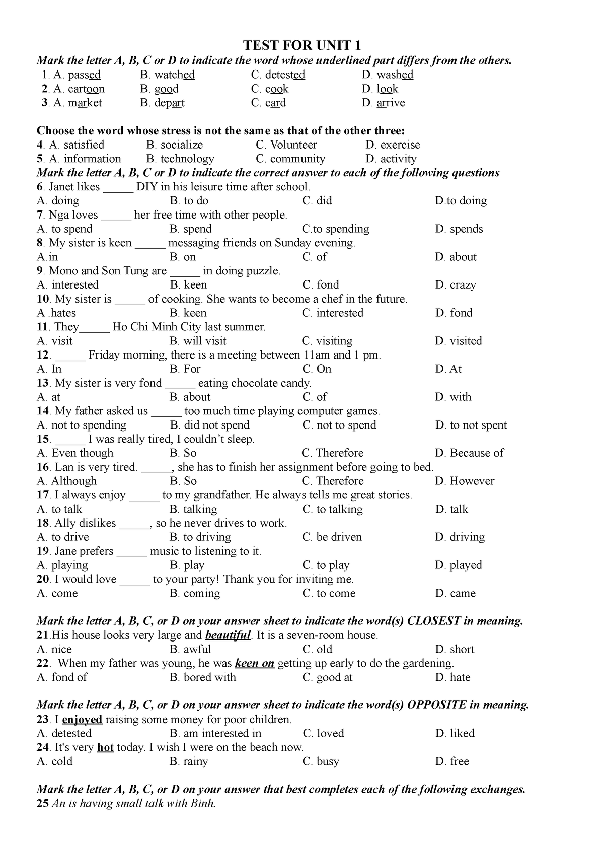 TEST FOR UNIT 1 - Choose The Correct Answers - TEST FOR UNIT 1 Mark The ...