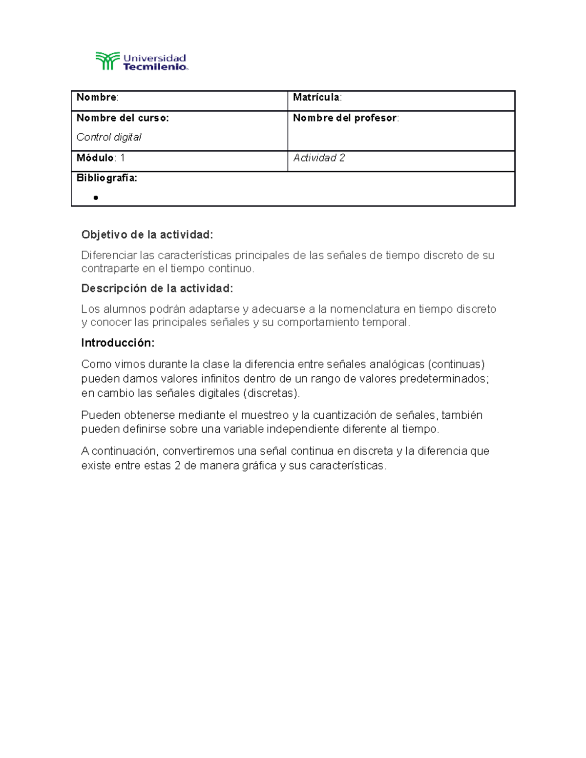 Actividad 2 Control Digital Nombre Matrícula Nombre Del Curso